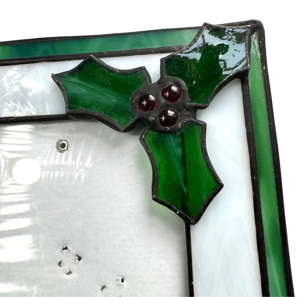 Stained Glass Holly Berry Christmas Picture Frame Green White 5x7 Holiday Winter